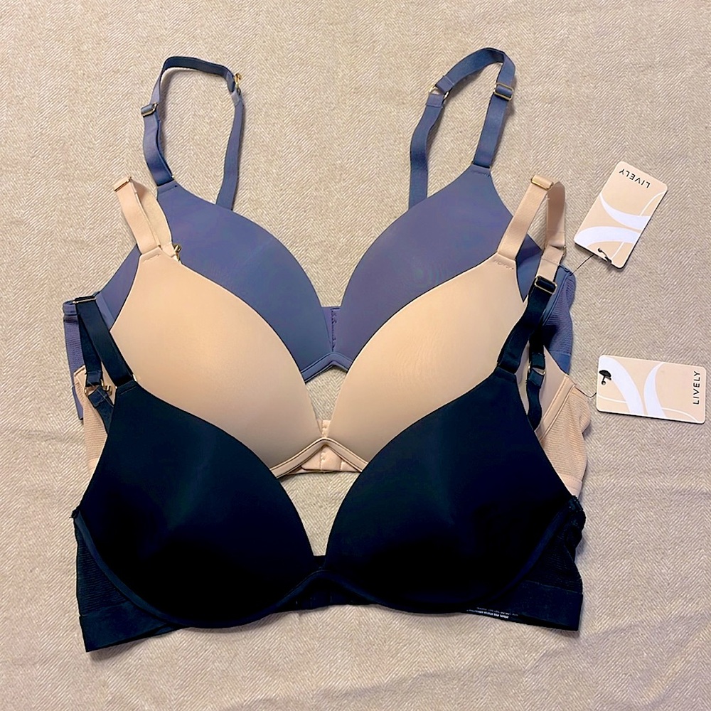 3 pack of LIVELY bras. Nude, Blue, Black.